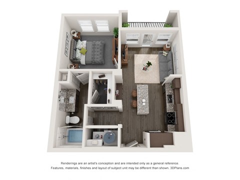 Floor plan for 1 bed, 1 bath, 610 sqft